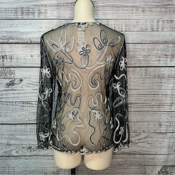 TC‎ Fashion Black Blue Metallic Floral Sheer Mesh Top Whimsigoth Medium VTG NEW - Picture 6 of 9